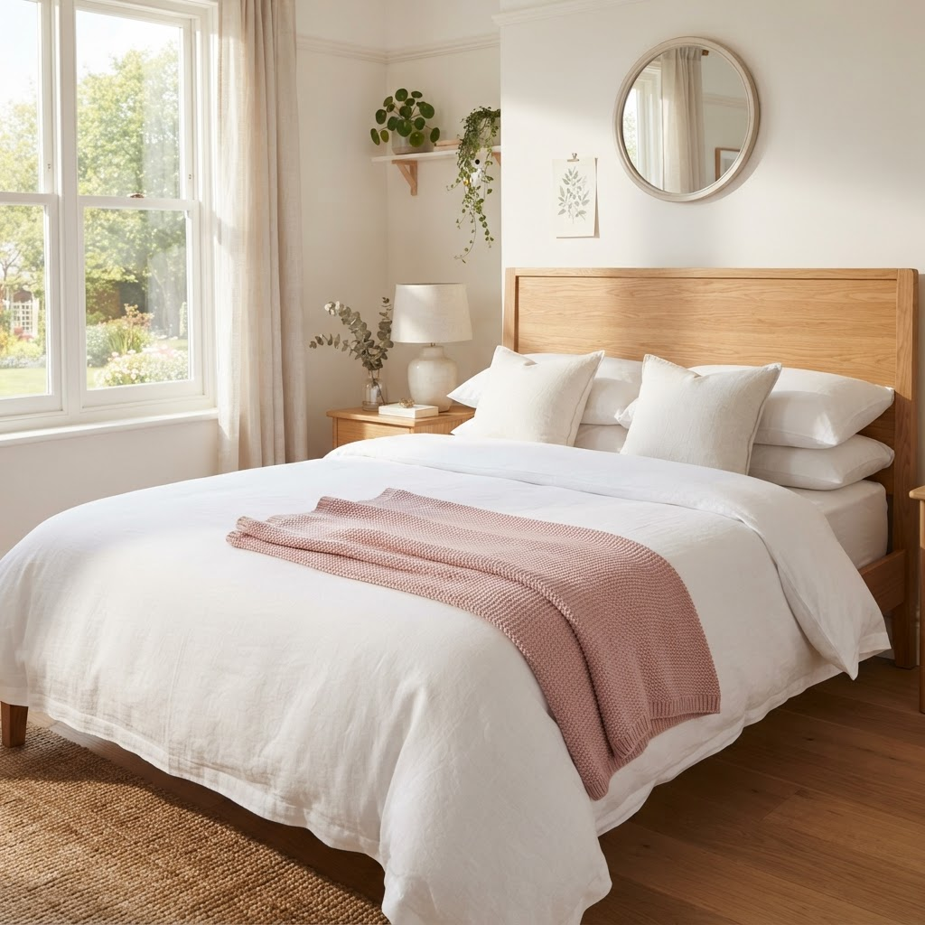 A neatly made bed with a soft pink blanket accent