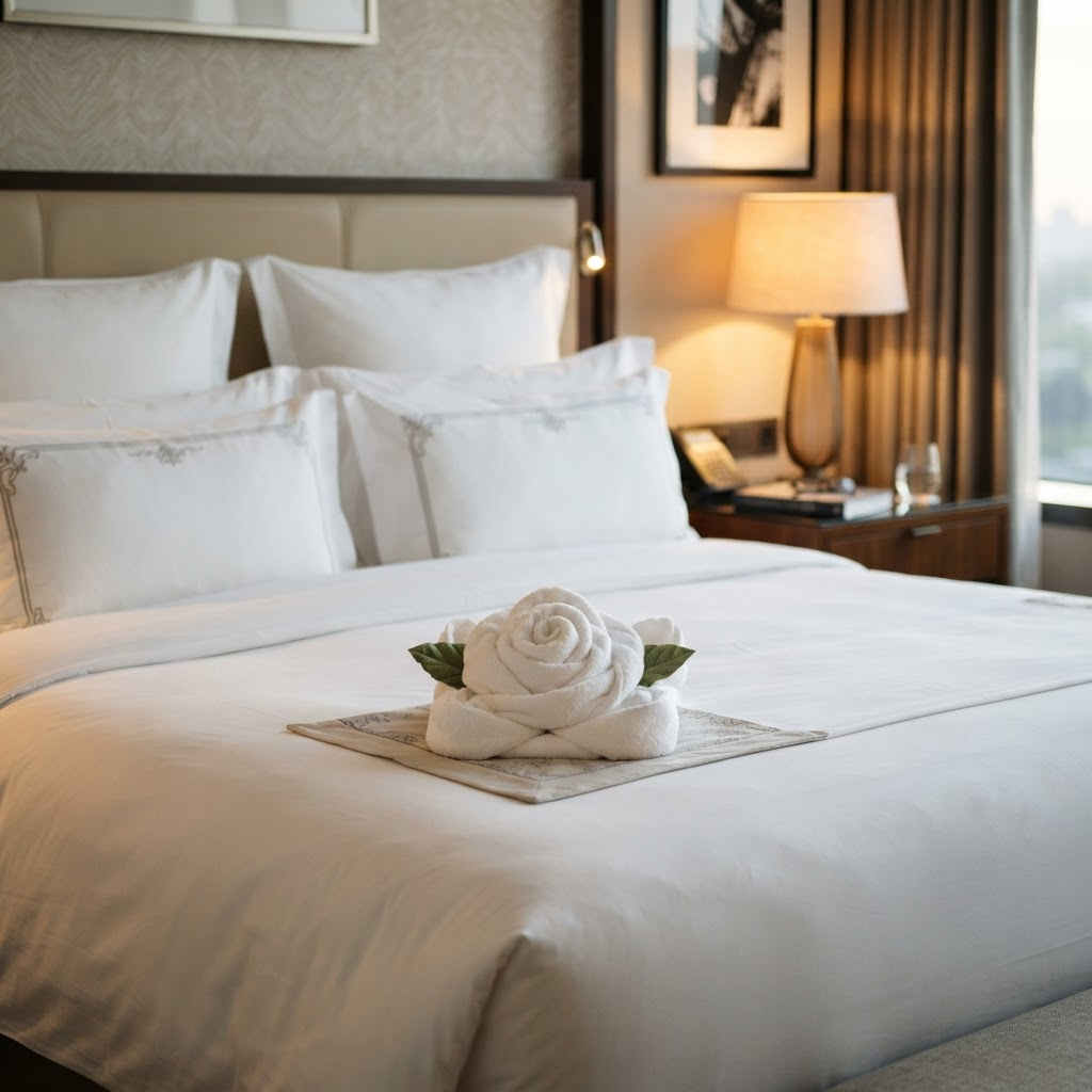 A luxury bed with a towel folded into a rose shape