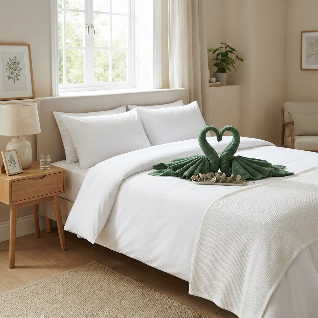 A freshly made bed with towels folded into a swan shape
