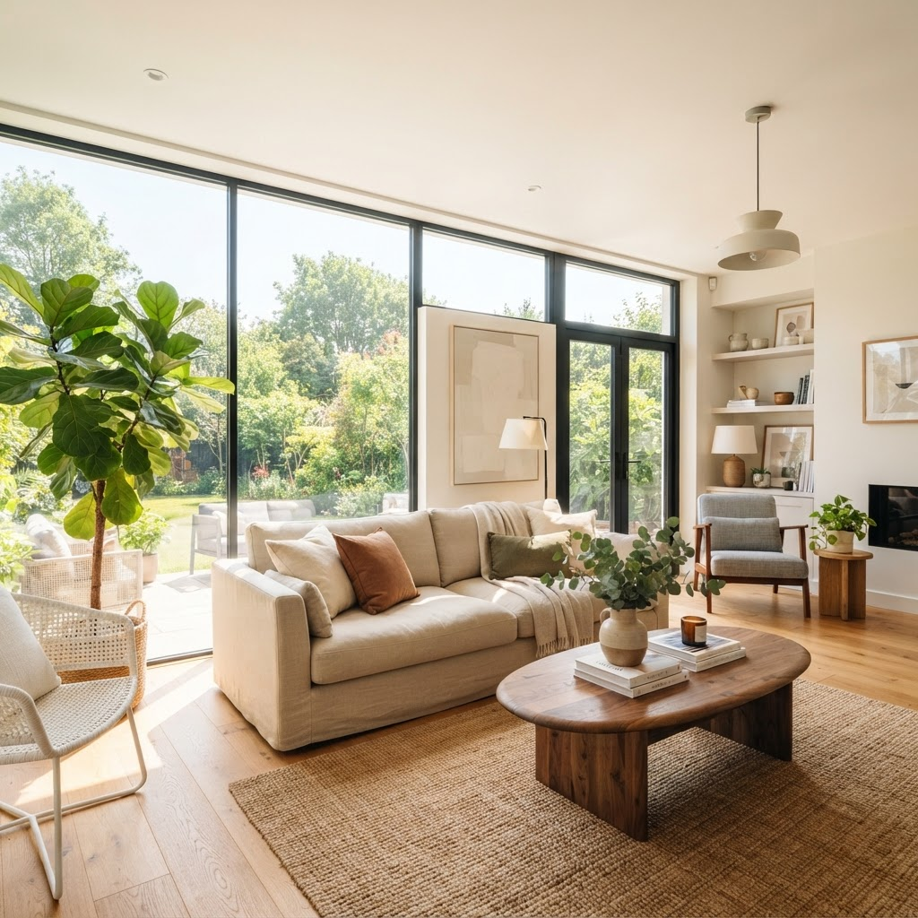 A bright, spotless living room with large windows cleaned by RayClean